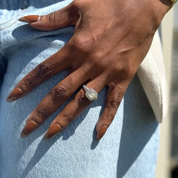 Glossy Brown Press-On Nails with snake skin French tips.